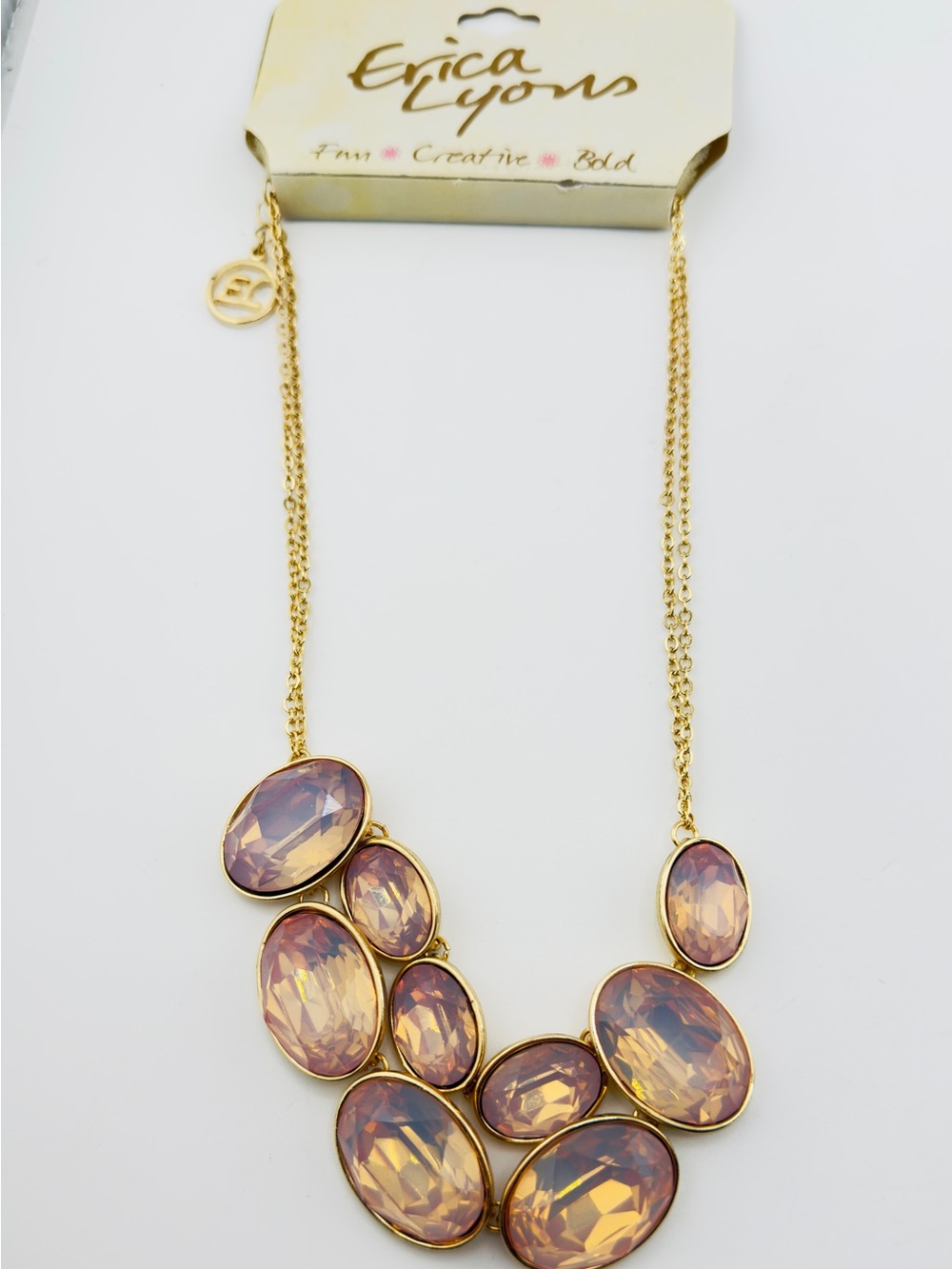 Erica Lyons Gold Tone Statement Necklace with Peachy Pink Crystals NEW!